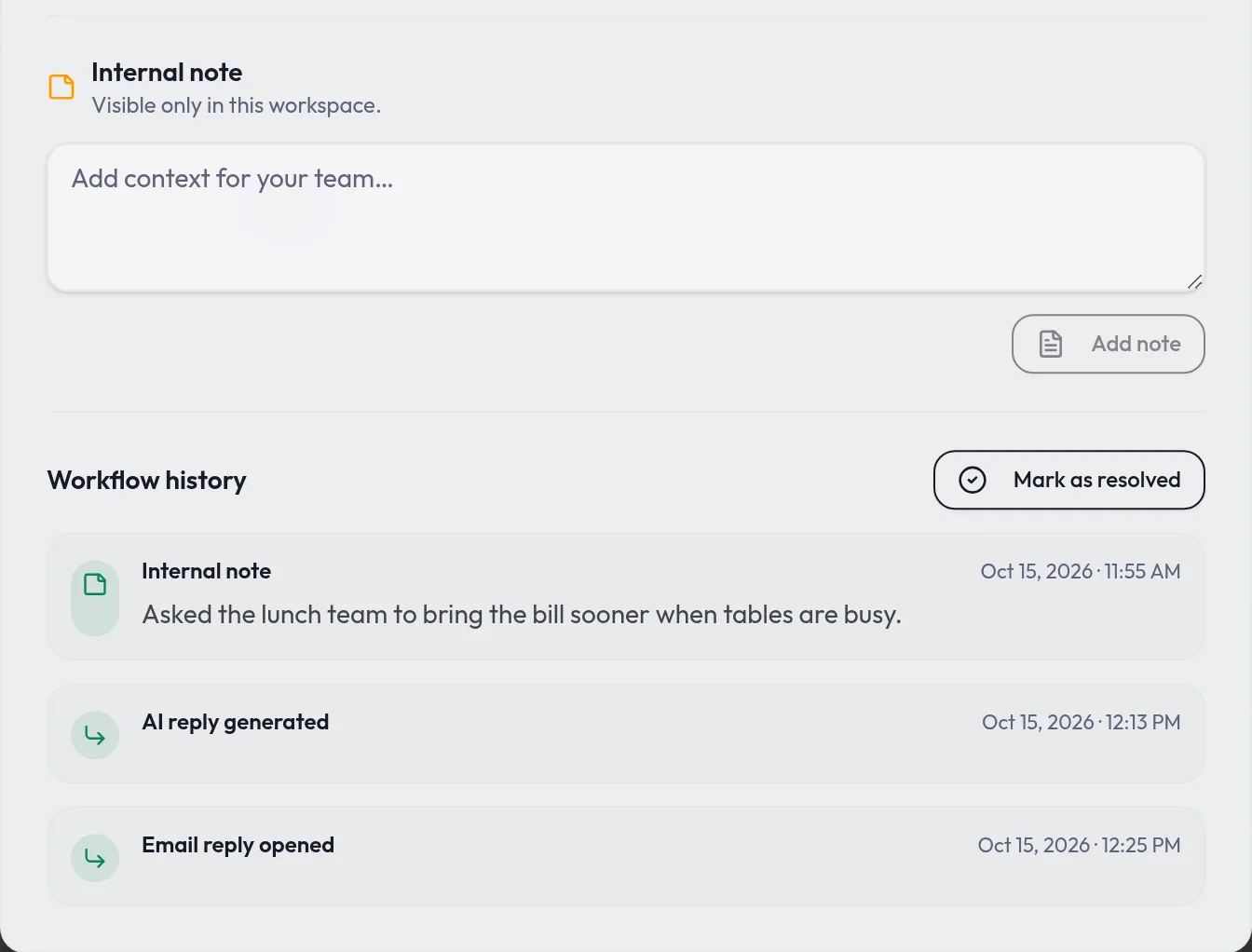 An internal note field and the workflow history for one piece of feedback, with a Mark as resolved button