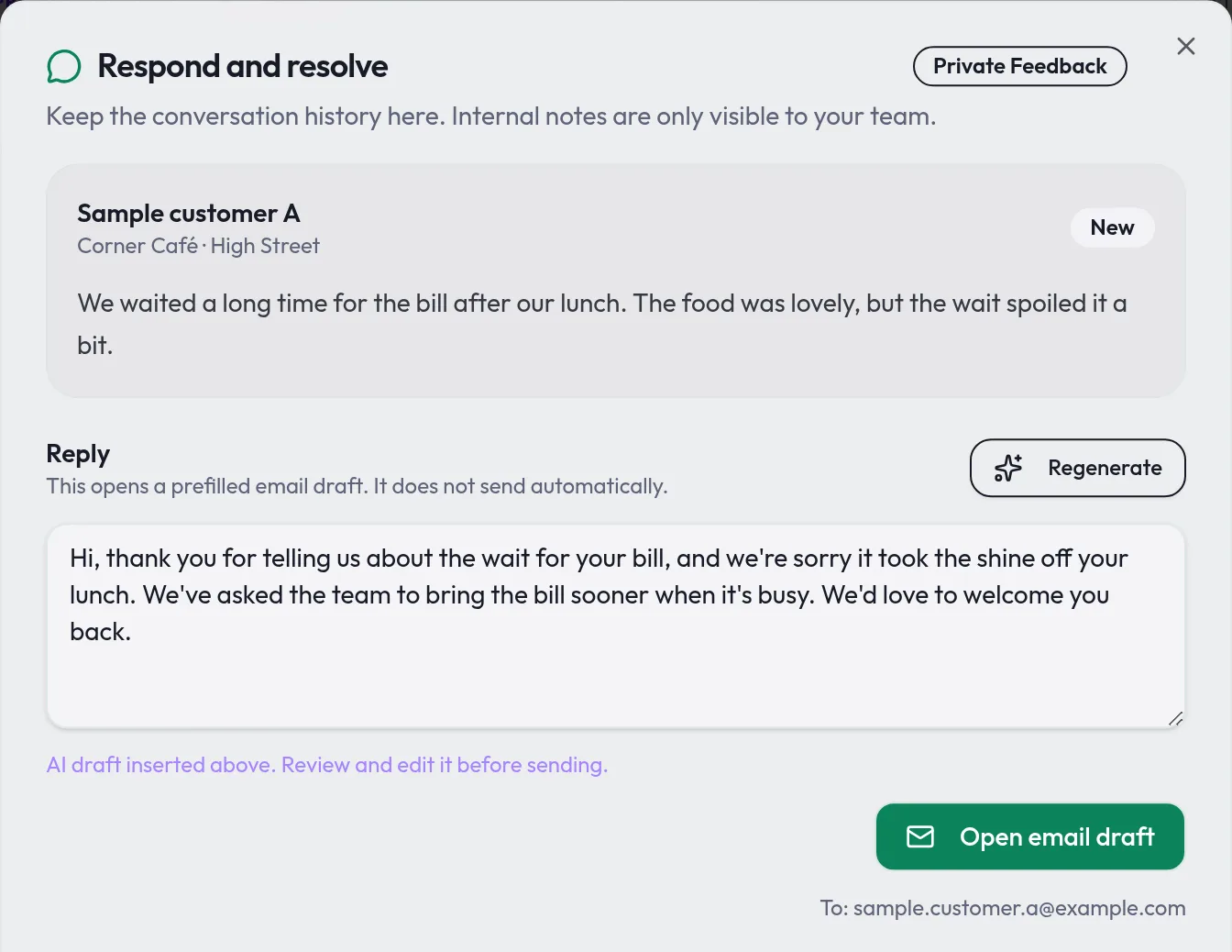 The Respond and resolve panel in Mr.Repo showing an AI-drafted reply to a sample customer, ready to edit and open as an email draft