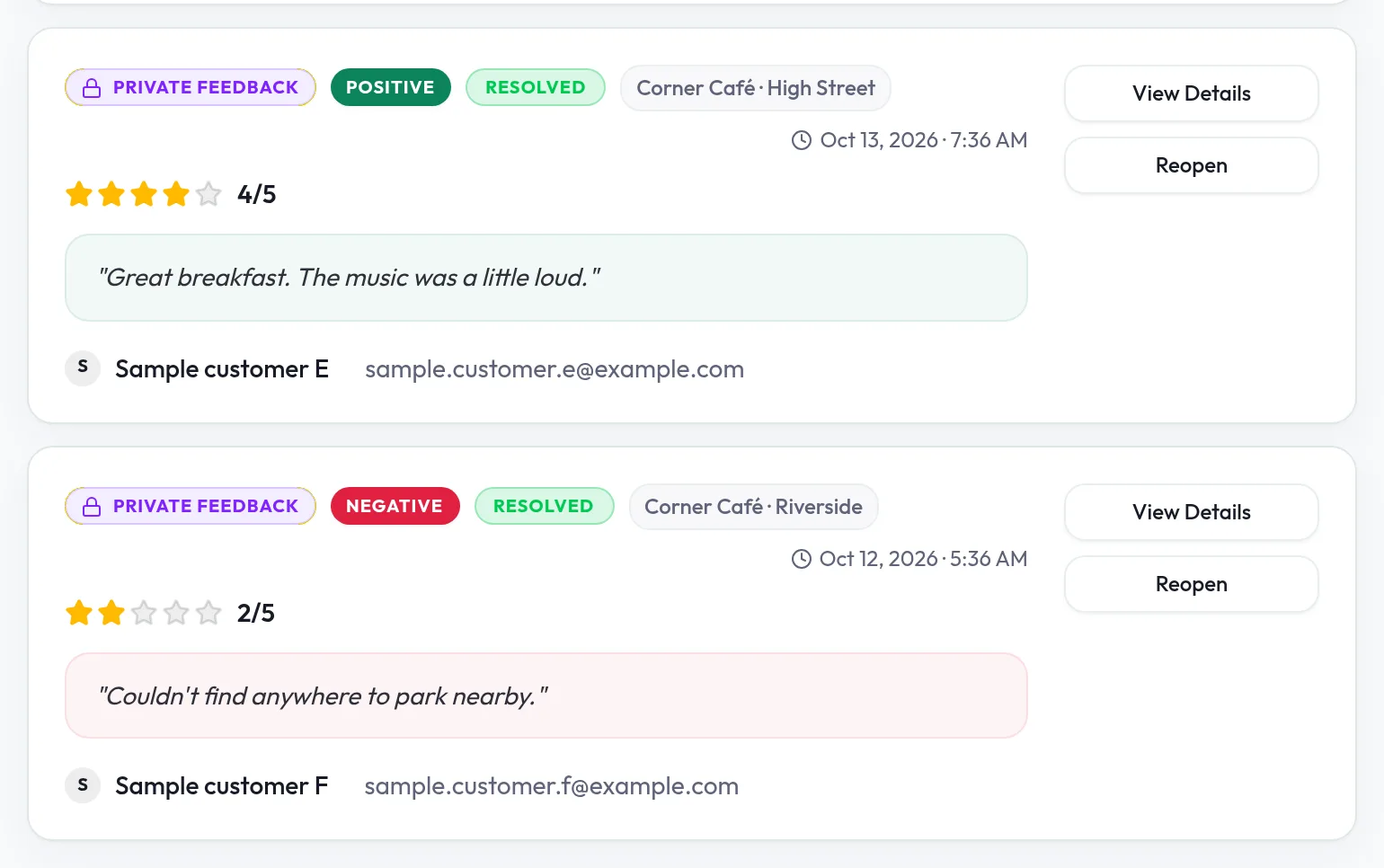 Two resolved feedback items in the Mr.Repo inbox, each with a Reopen button